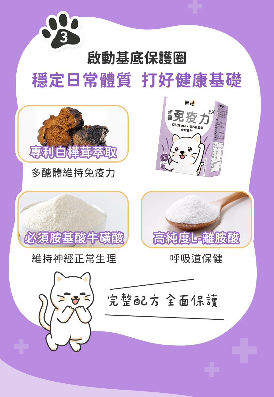 白樺茸、離胺酸與牛磺酸，穩定體質，打好犬貓健康基底。